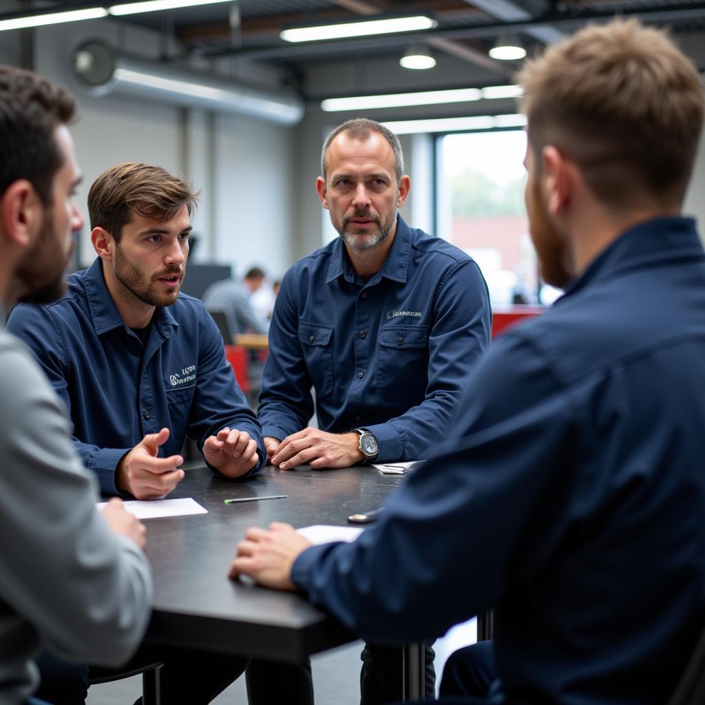 Auto Service Manager Leading a Team Meeting