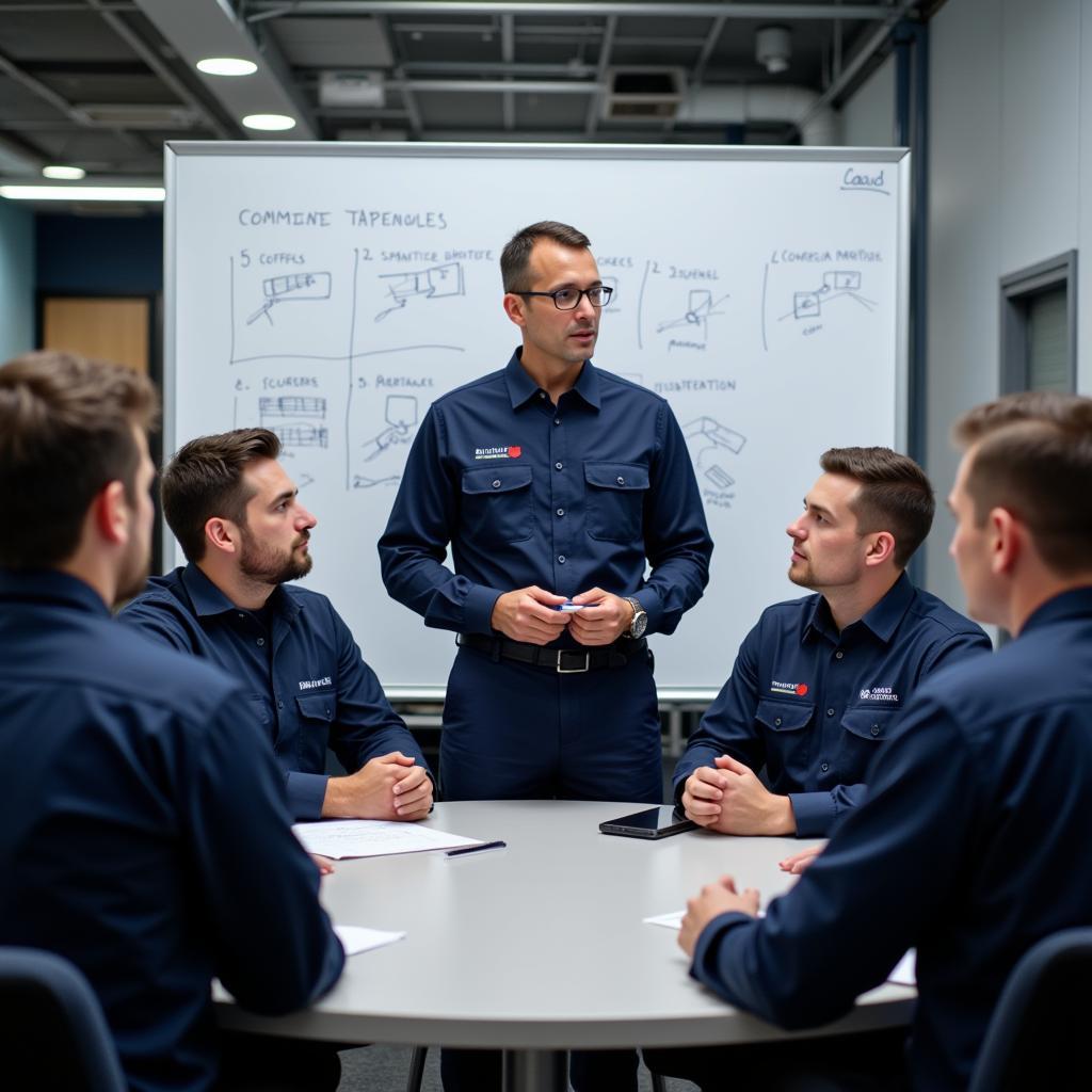 Auto Service Manager Leading a Team Meeting