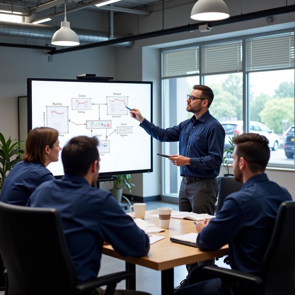 Auto service manager leading a team meeting