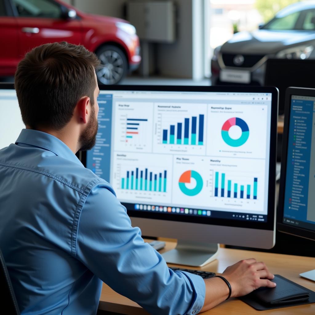 Auto Service Manager Reviewing Financial Reports