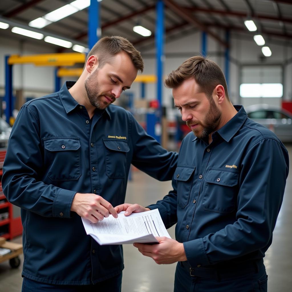 Auto Service Manager Reviewing Repair Order with Technician