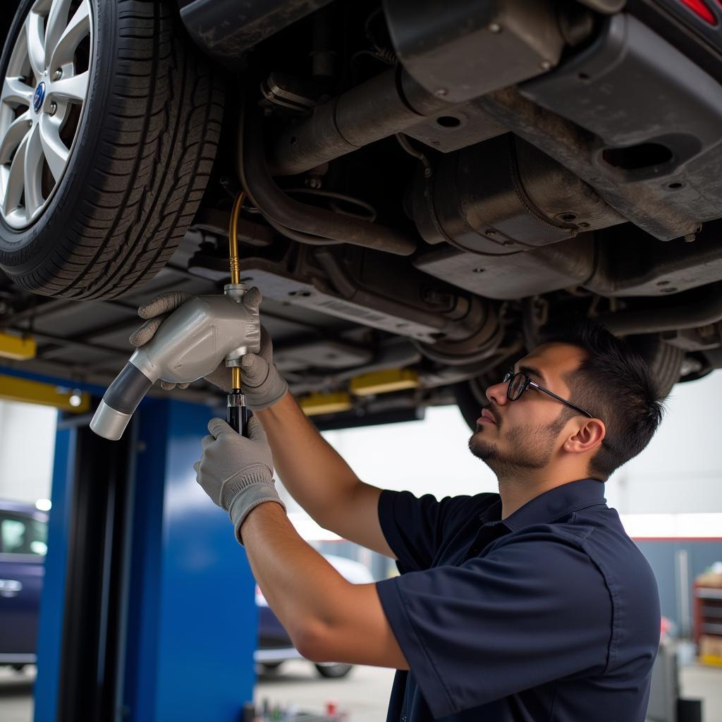 Mechanic performing an oil change in Chavo