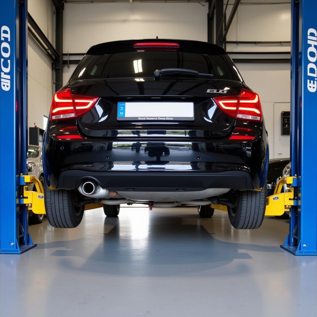 Car on a Lift for Inspection in a Munich Auto Service