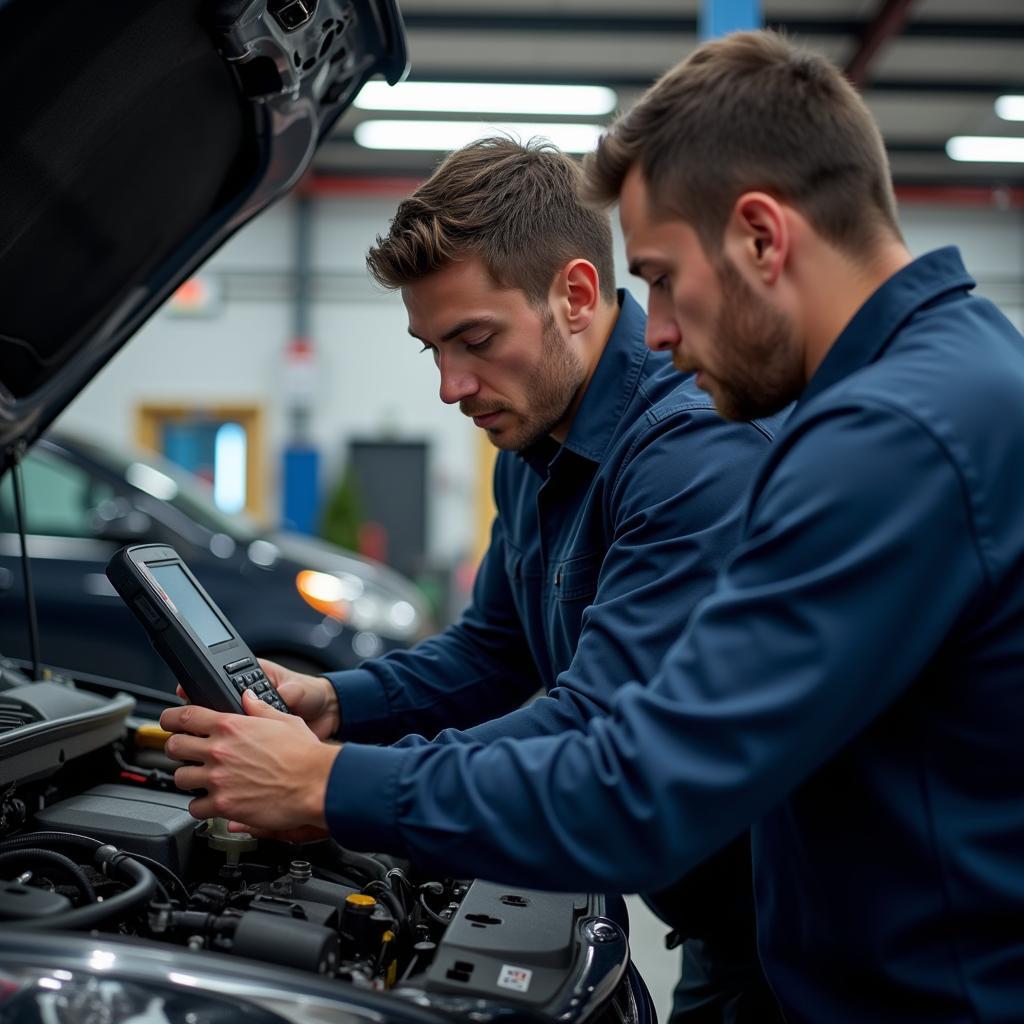 Experienced Mechanic Performing Diagnostics on a Car in Munich