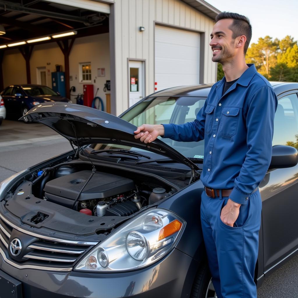 Satisfied customer with their repaired car at an auto service shop in Natchitoches