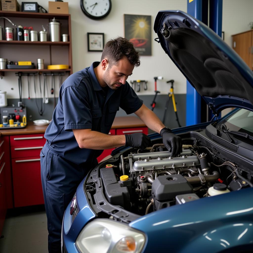 Auto Service Options in Nazareth: A mechanic working on a car engine in a Nazareth auto repair shop.