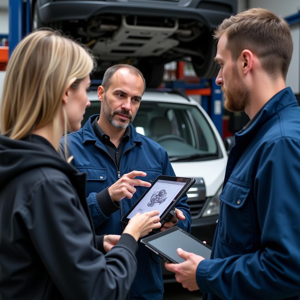 Mechanic explaining car repairs to a customer in Olsztyn