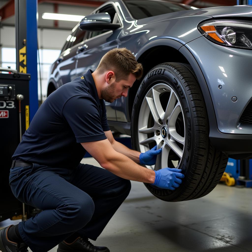 Technician performing tire service in a Woodstock, GA auto shop