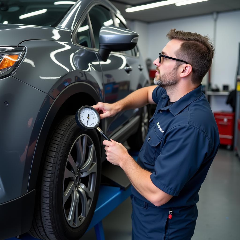 Checking tire pressure at an auto service in Penstraat, Curacao