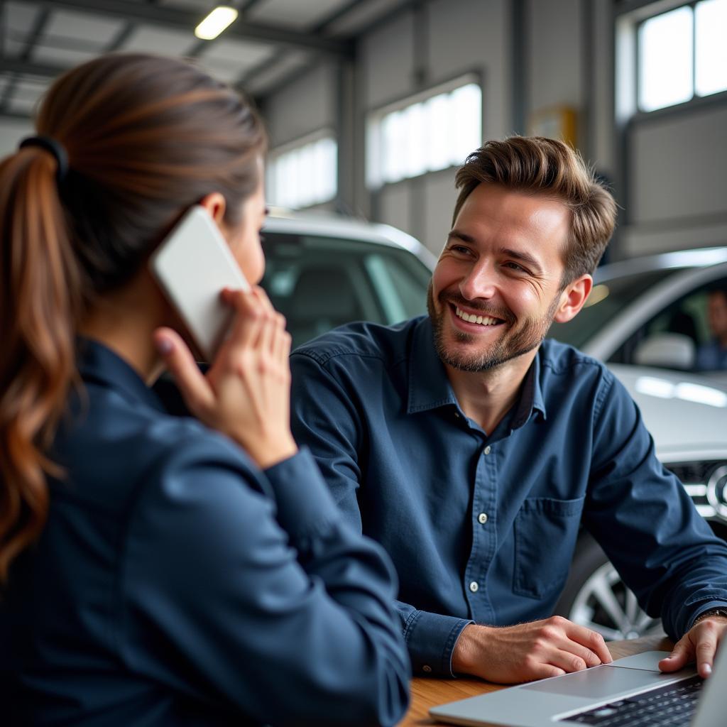 Customer interacting with auto service representative on phone