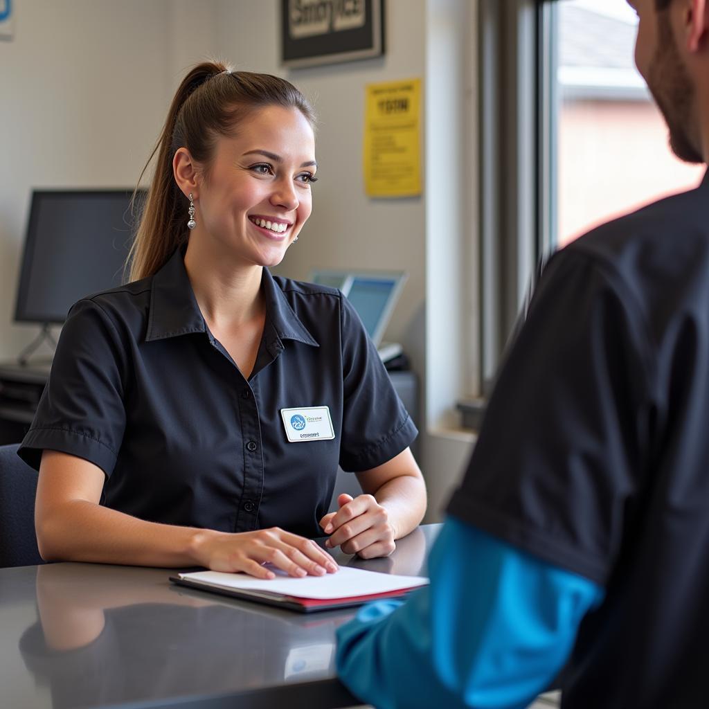 Customer service representative assisting a customer at Auto Service Plus Clintonville WI