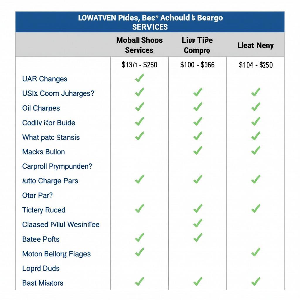 Auto Service Price Comparison - A table comparing the cost of common auto services at different shops