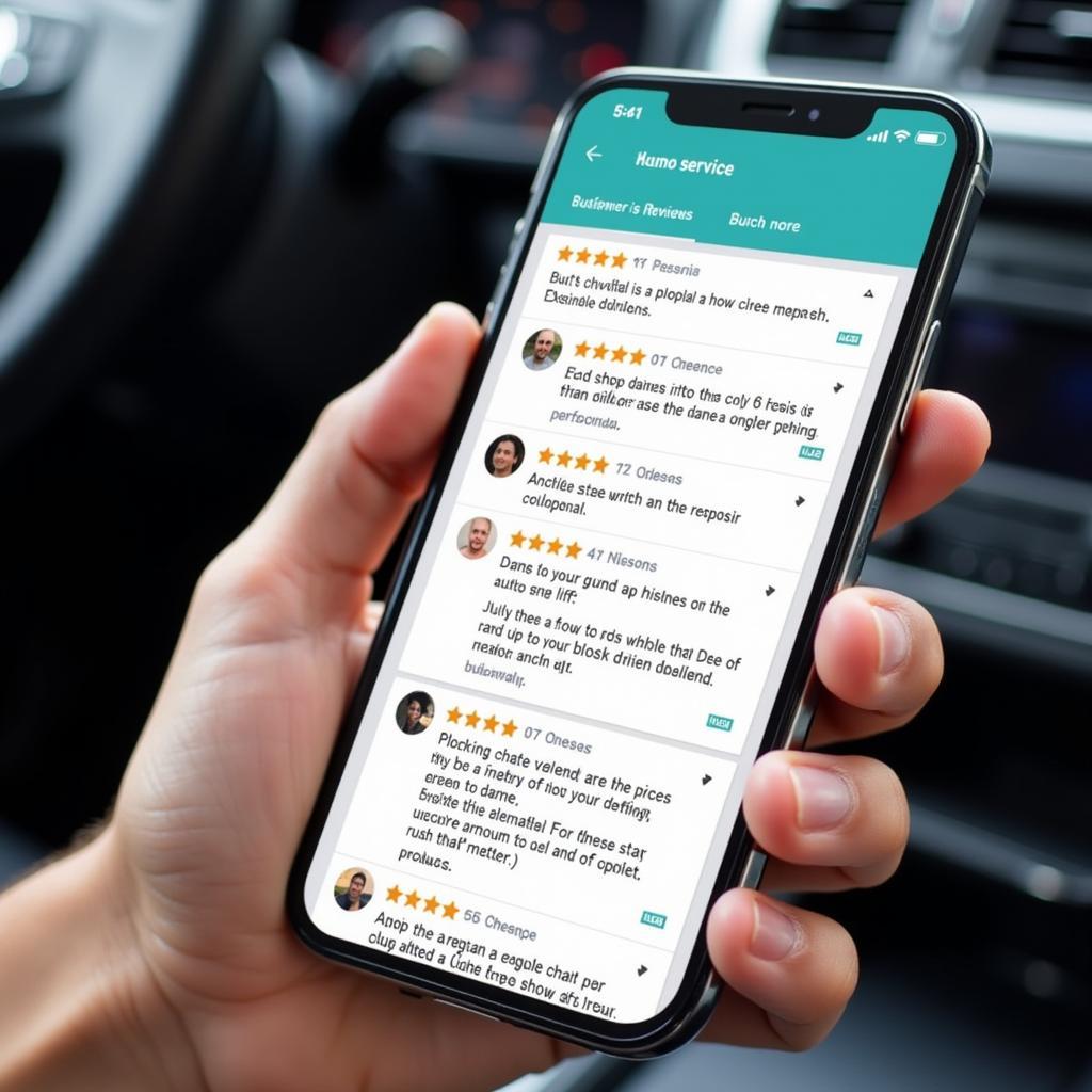 Customer reviews on a mobile phone, showcasing auto service ratings.