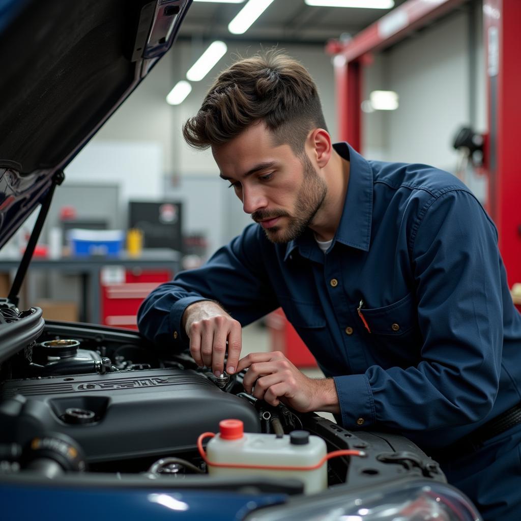 Experienced Auto Service Technician in Redding Working on a Car Engine