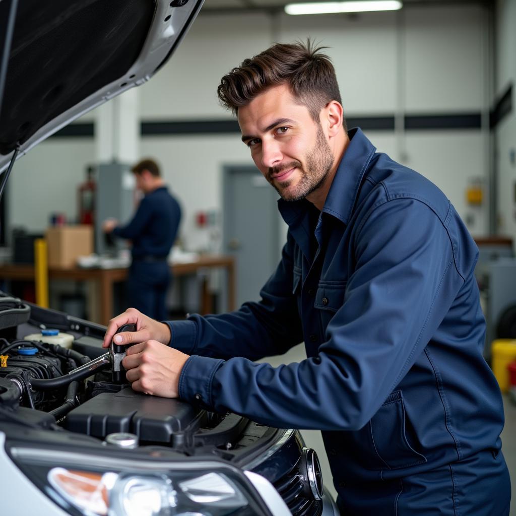 Technician working on a car engine in a professional auto service and repair shop