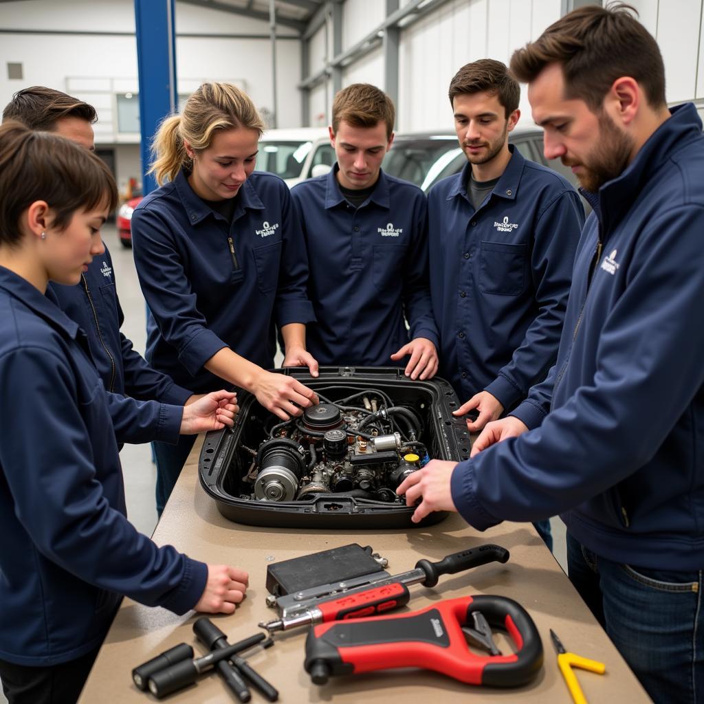 Students Working on a Car Engine in Auto Service School