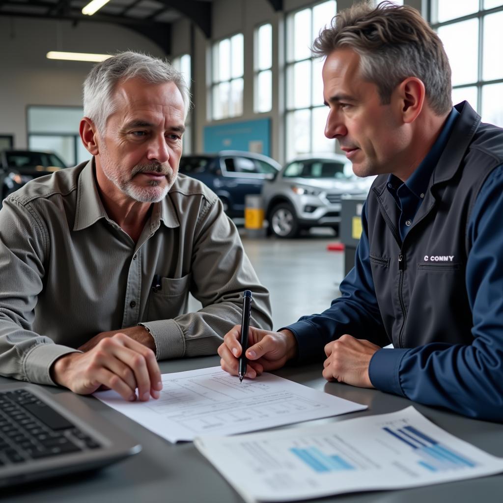 Customer Discussing Repair Options with a Service Advisor in Shelby Twp