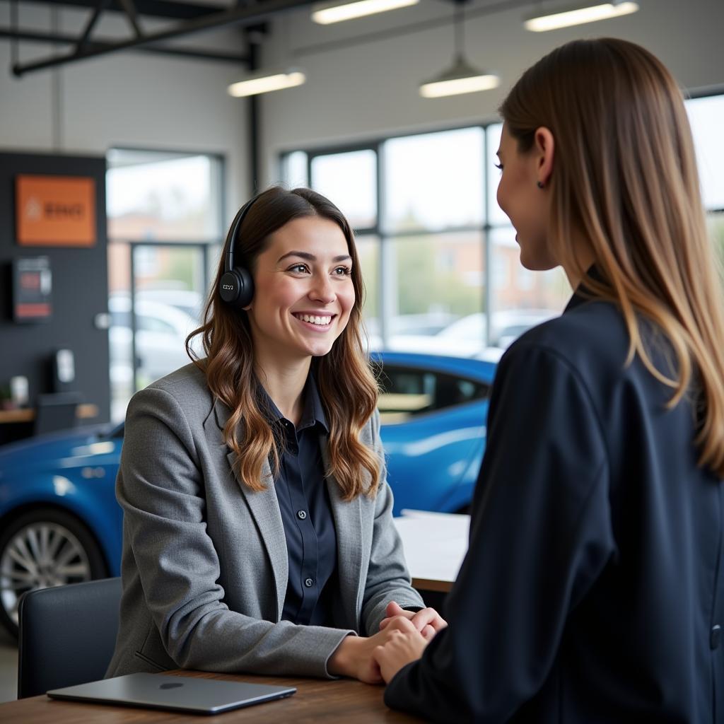 A customer service representative talking to a customer in an auto service shop