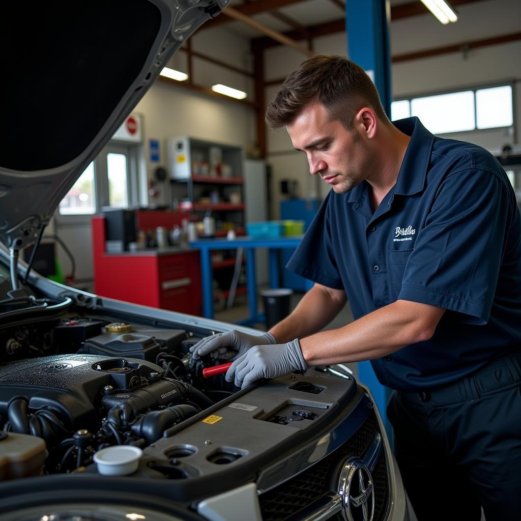 Mechanic working on a car in a Decatur auto service shop