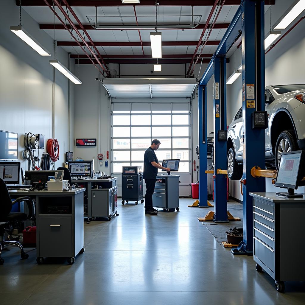 Interior view of a modern auto service shop with advanced diagnostic equipment