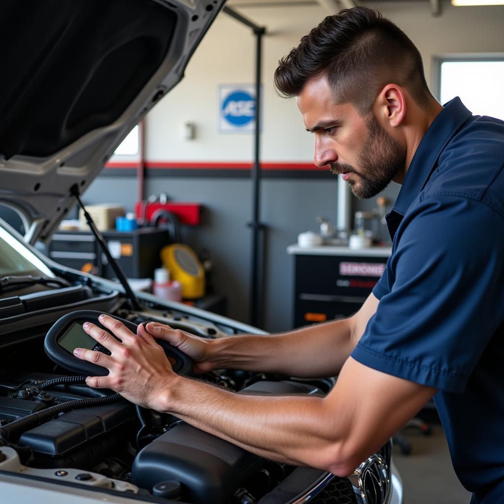 Mechanic working on a car in an auto service shop in Old Town Tacoma