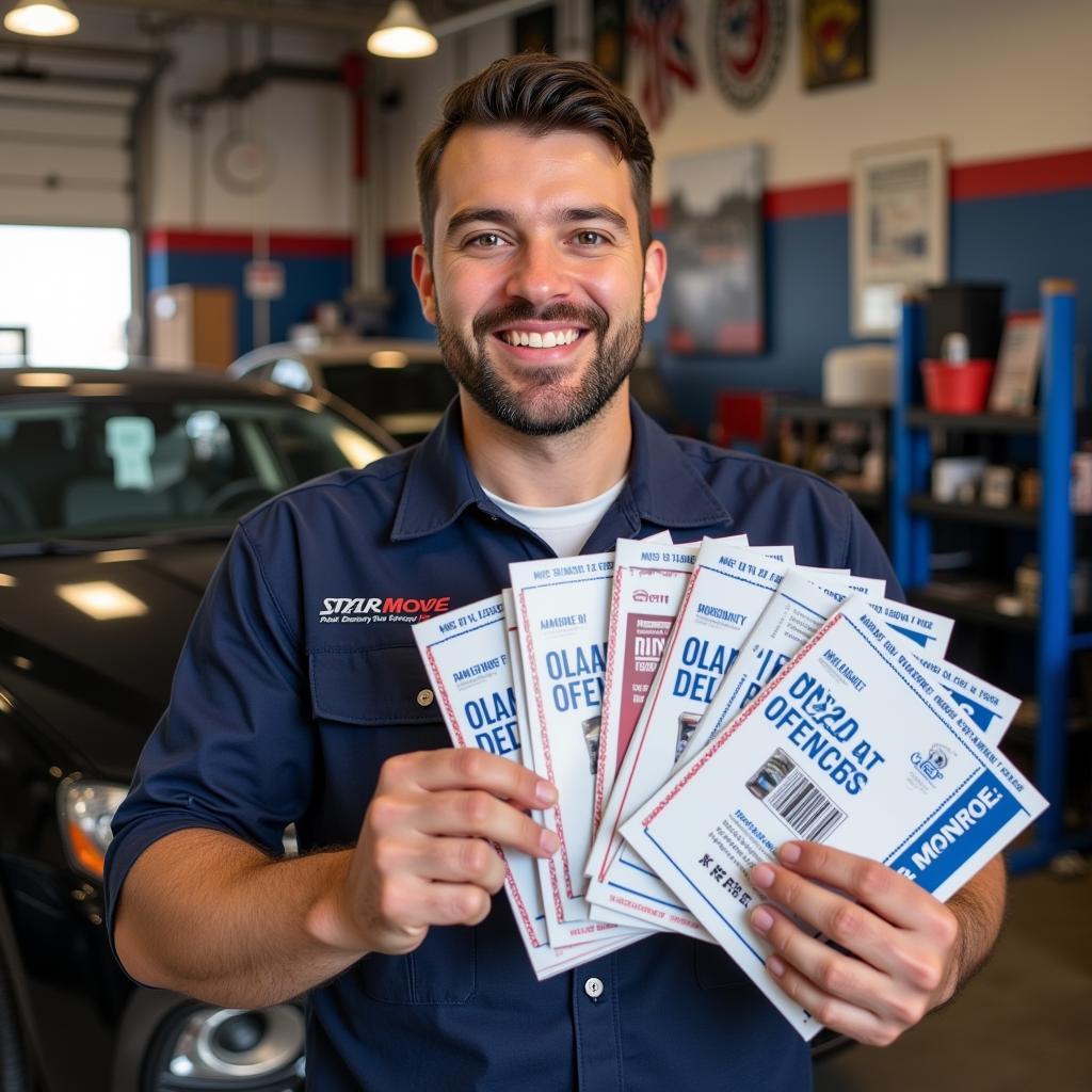 Mechanic holding coupons for auto service specials in Monroe