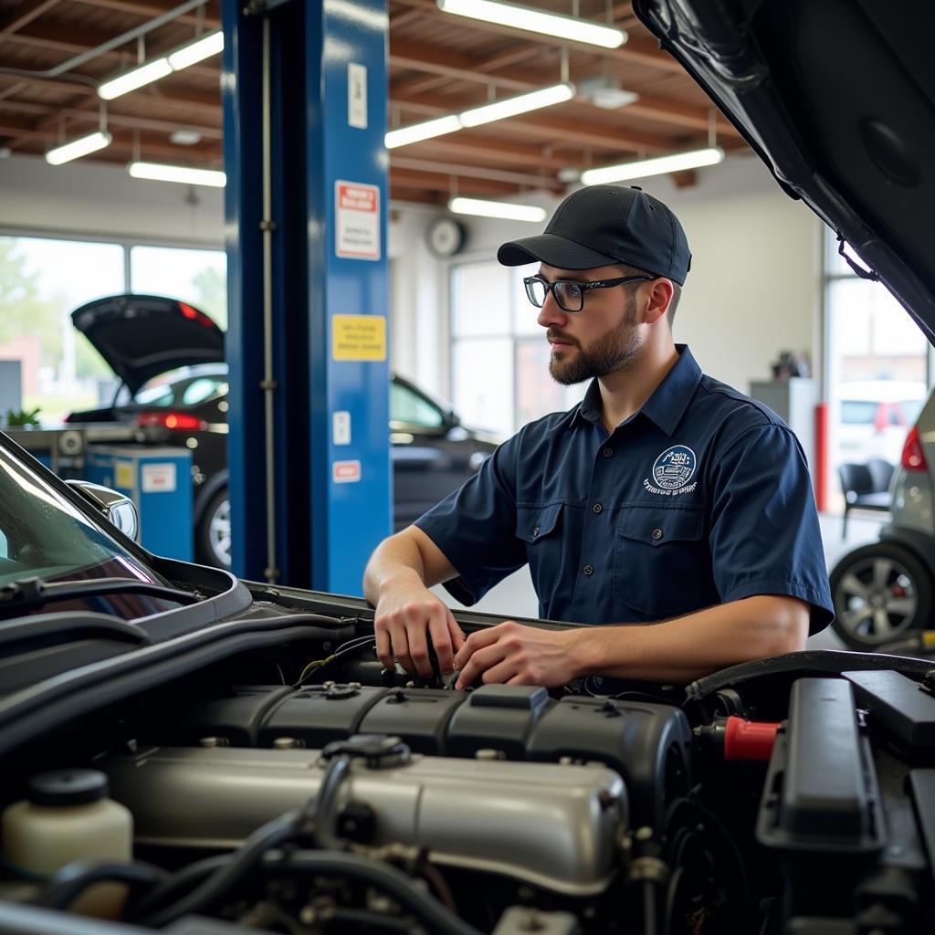 ASE Certified Technician Working on a Car Engine at an Auto Service Station Near 91st and Foster