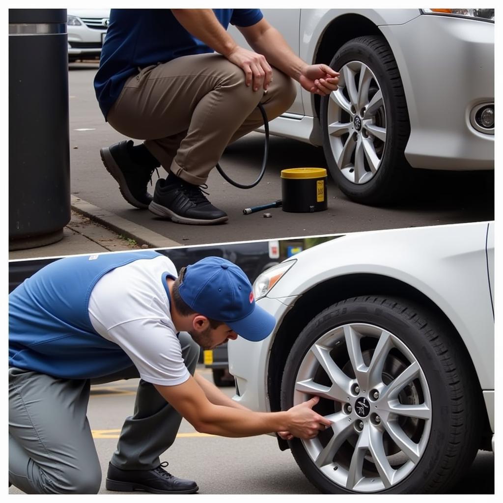 An auto service station attendant performing routine vehicle maintenance.