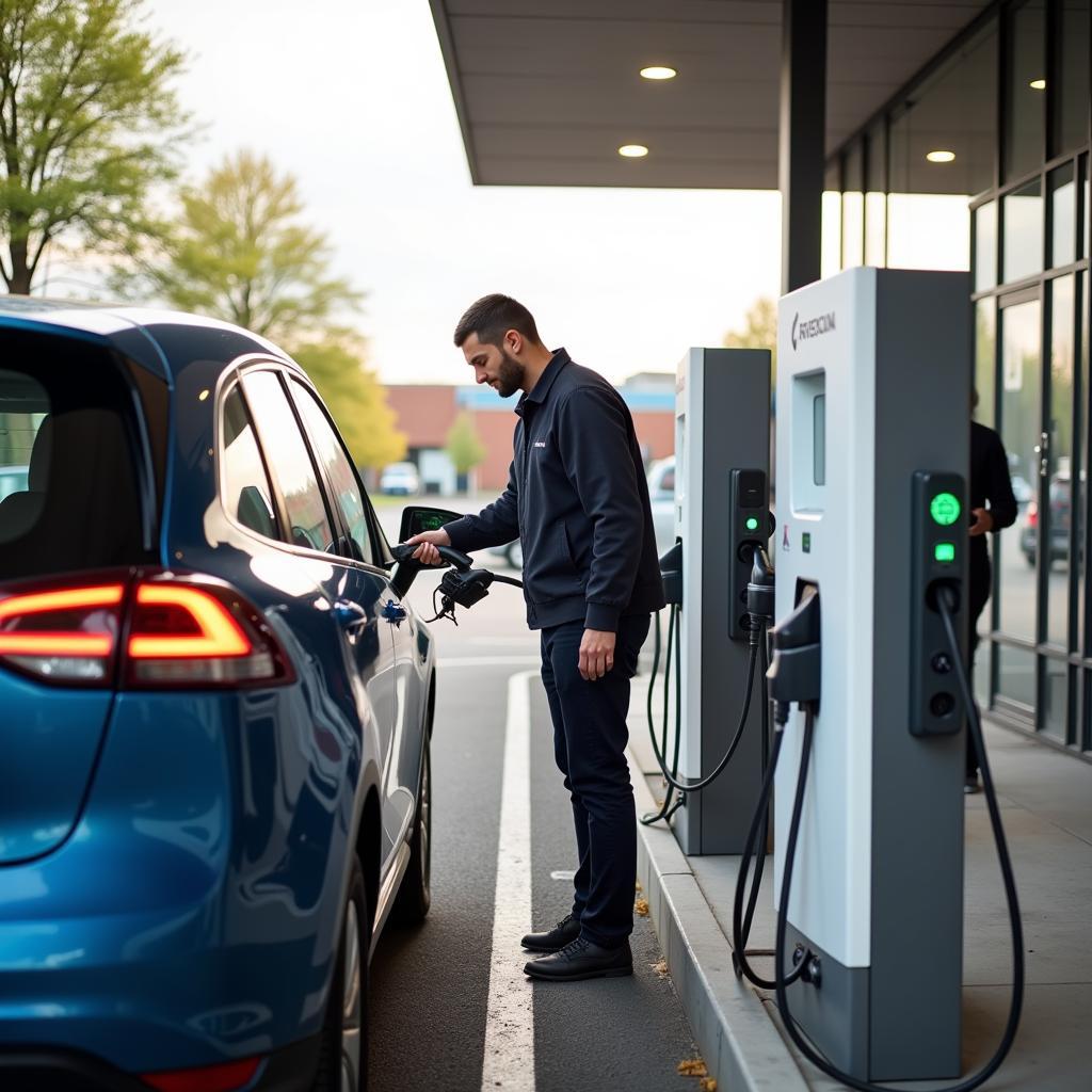 An auto service station attendant interacting with an electric vehicle.