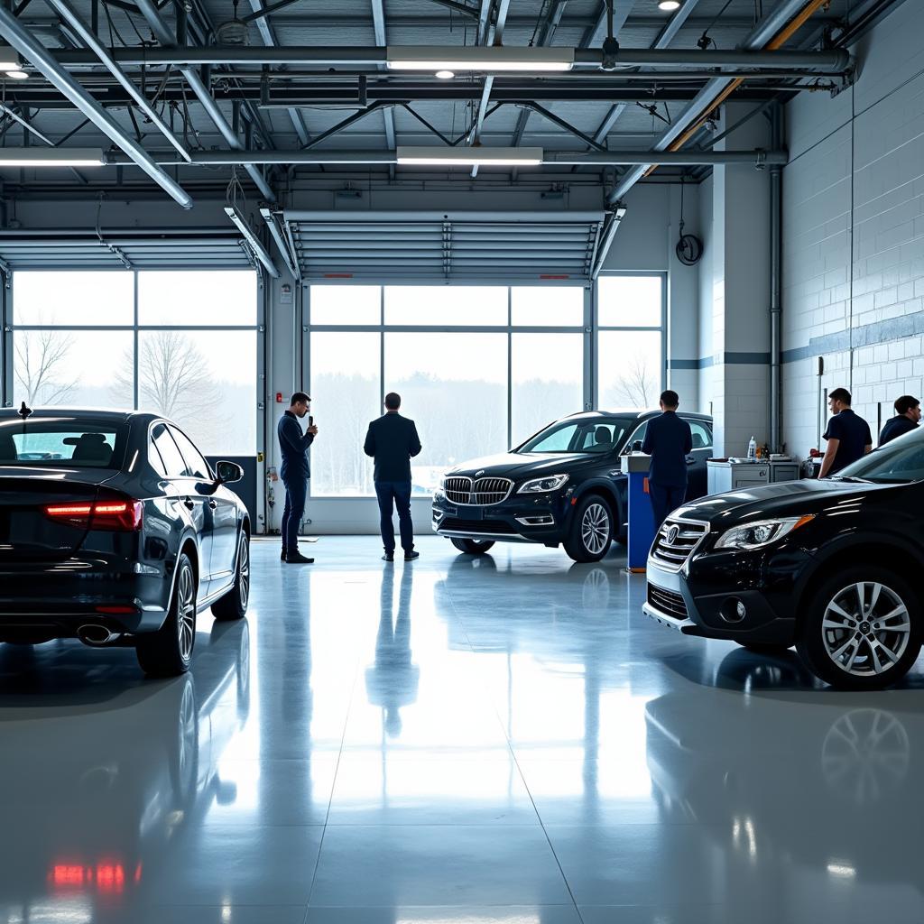 Modern Auto Service Station Interior with Vehicles Being Serviced