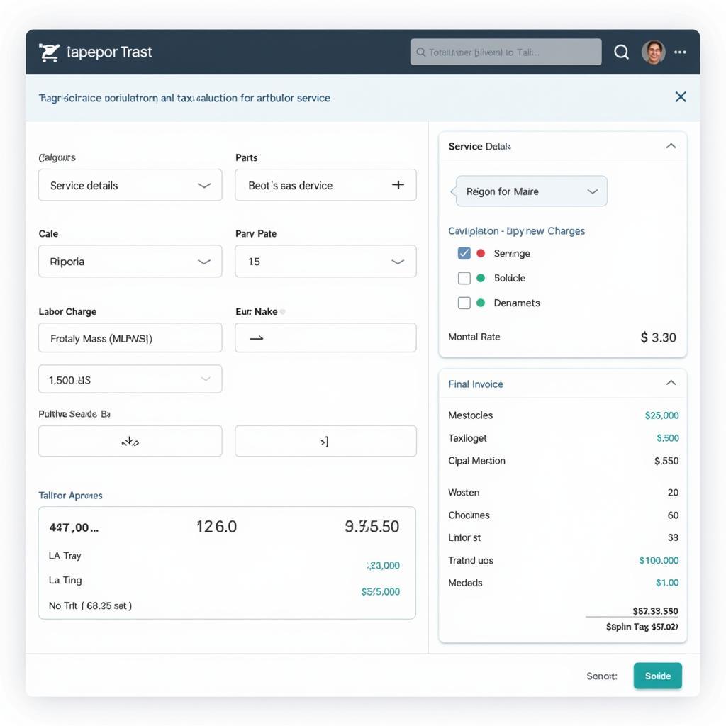 Screenshot of auto service tax calculation software interface