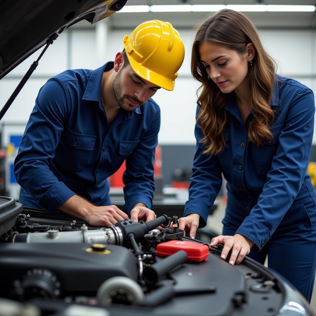 Apprentice working on a car engine