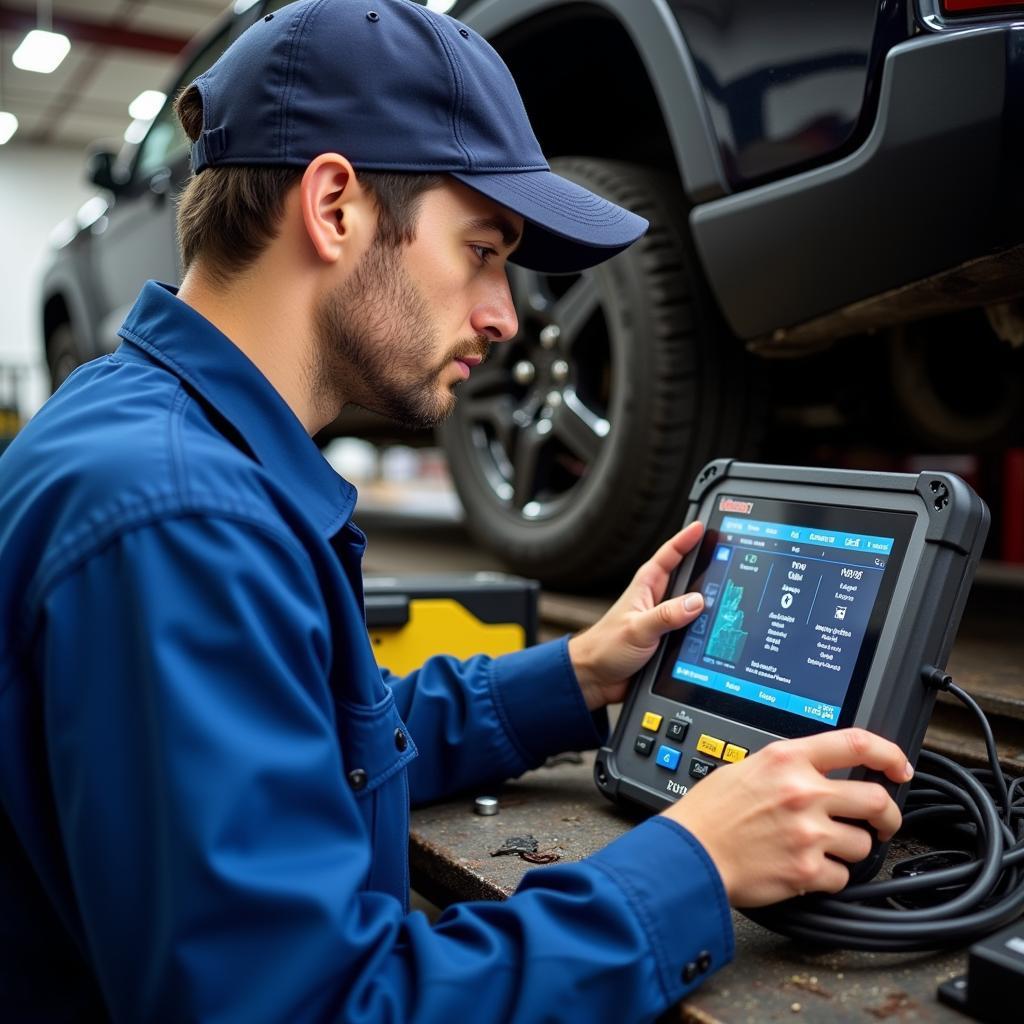 Auto Service Technician Diagnosing Vehicle