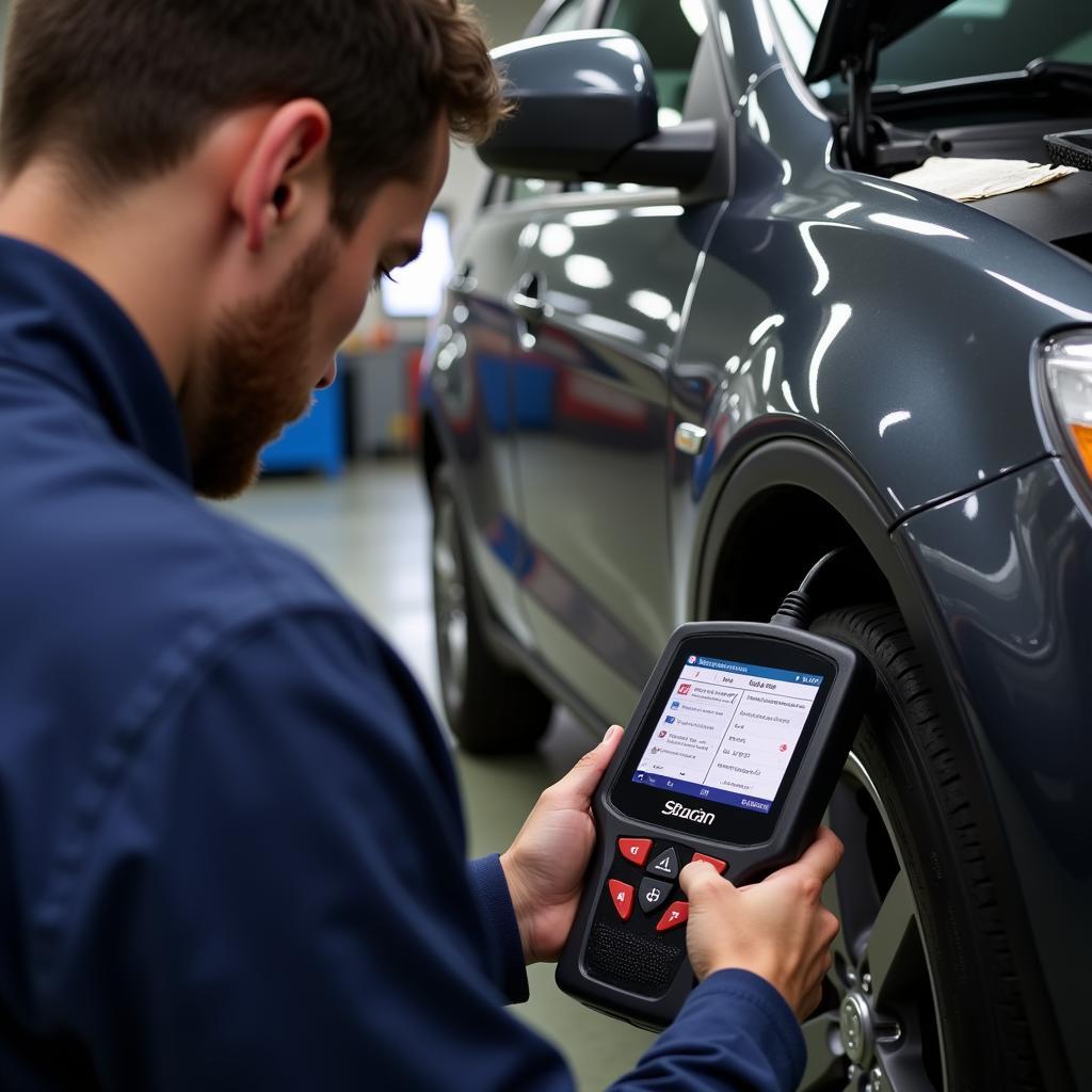 Auto Service Technician Performing Diagnostics - A technician uses a diagnostic tool to analyze a vehicle's computer system.