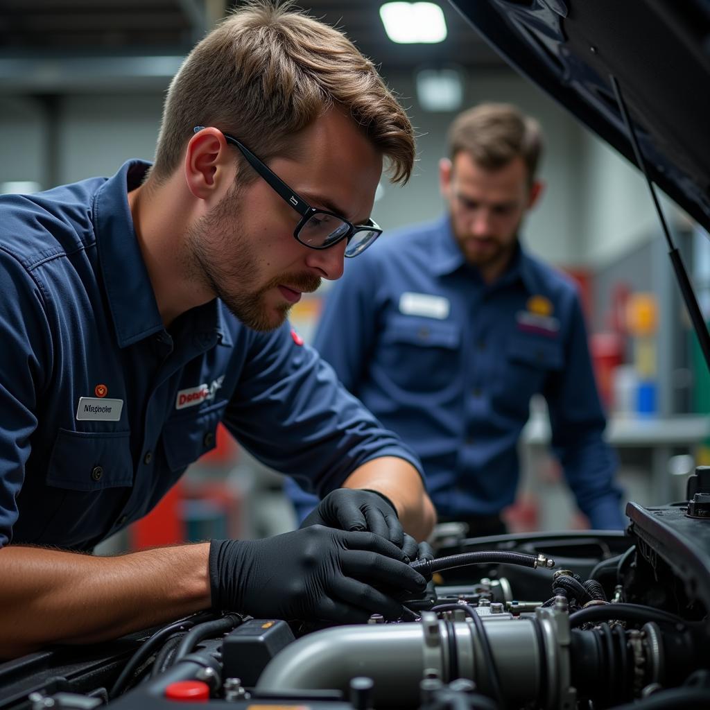 Auto Service Technician Examining Car Engine