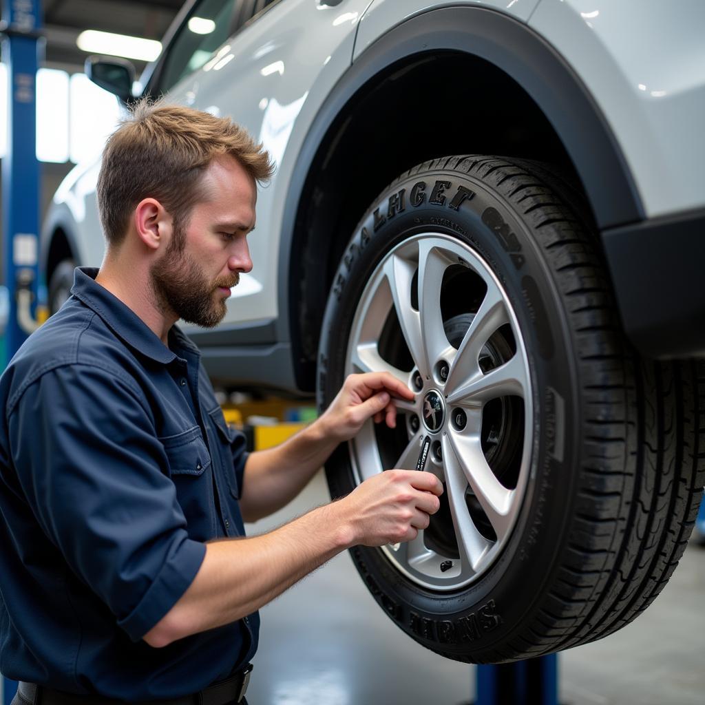 Auto service technician inspecting a tyre