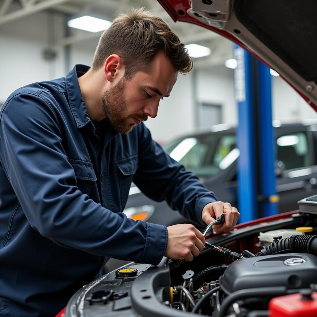 Auto Service Technician in Missouri Working on a Car Engine