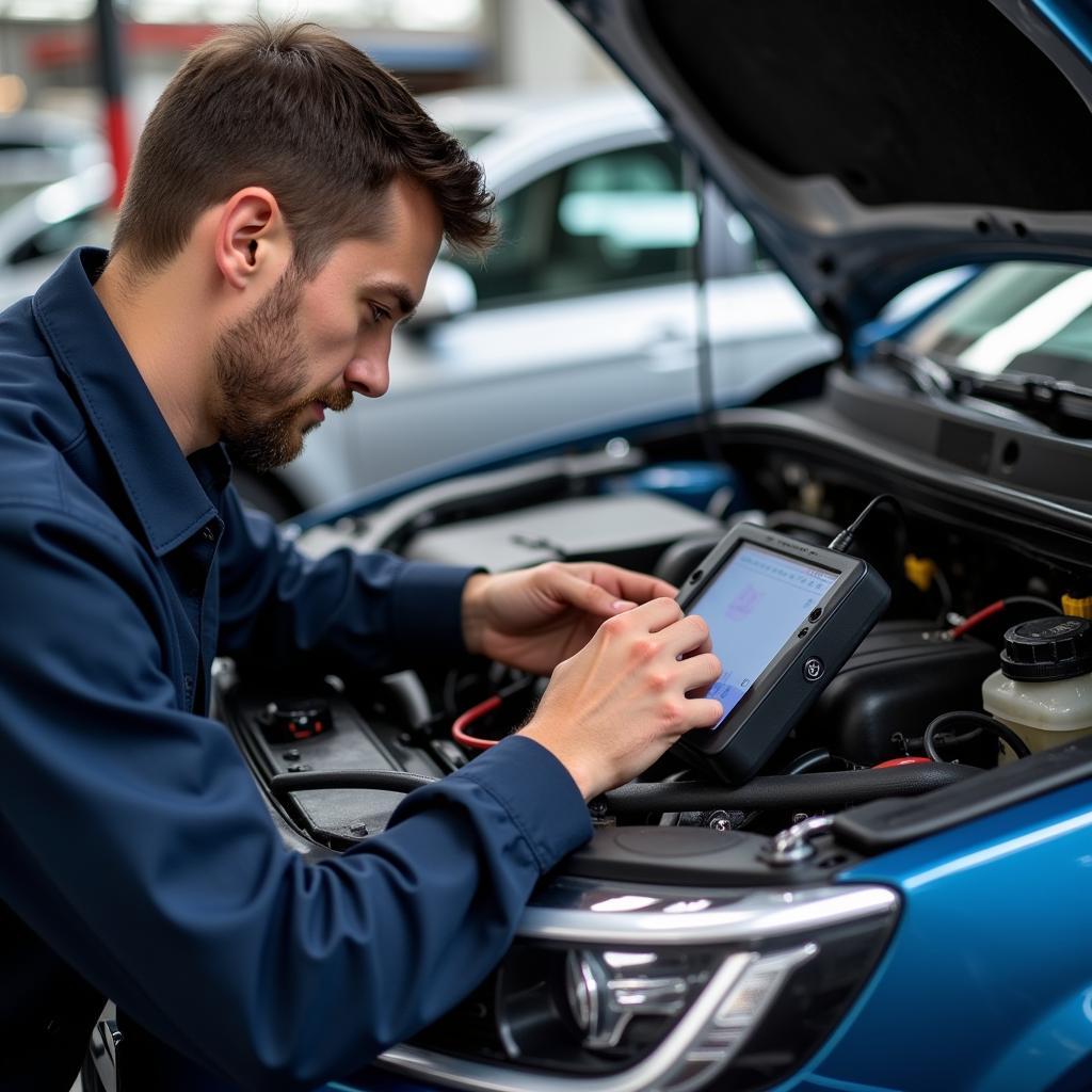 Skilled Auto Service Technician Performing Diagnostics