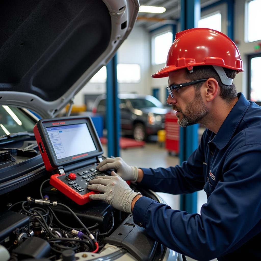 Experienced auto service technician performing diagnostics on a vehicle in St Marys