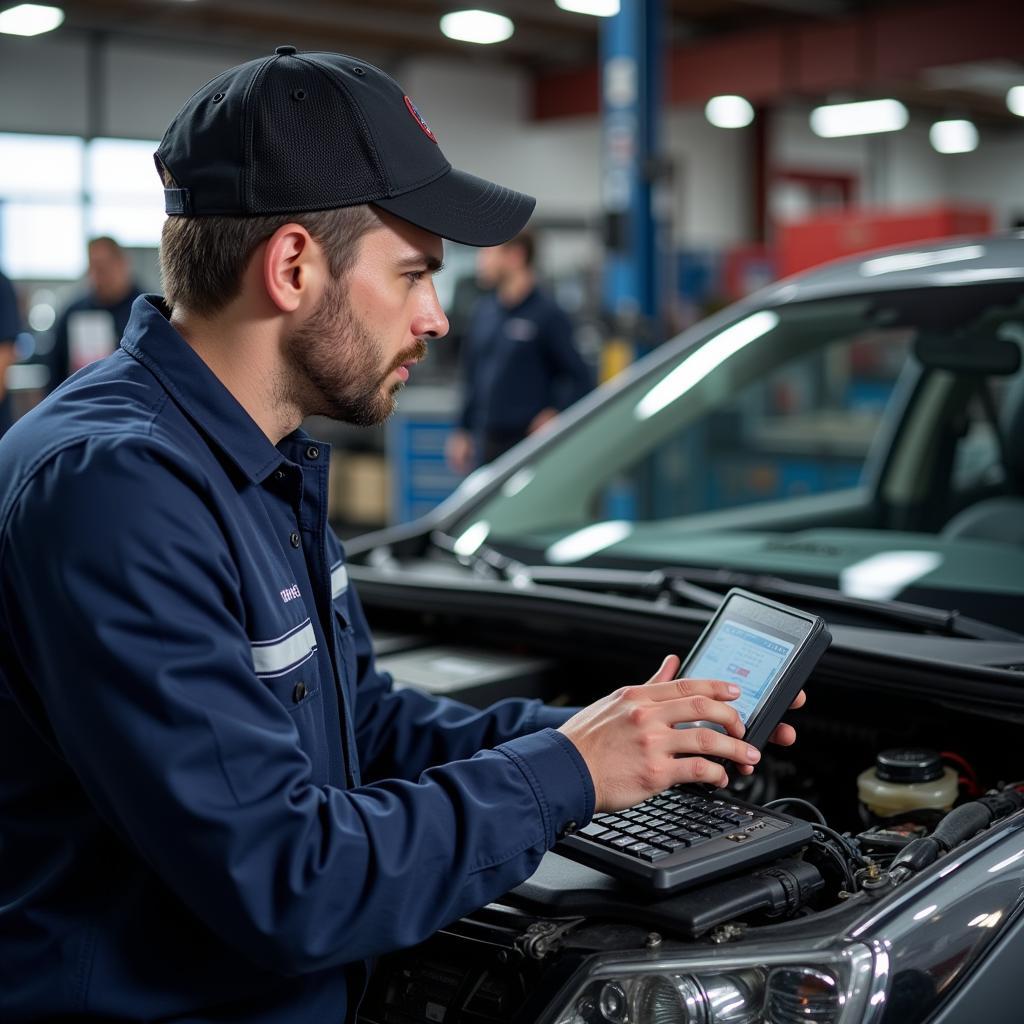 Auto Service Technician Performing Diagnostics