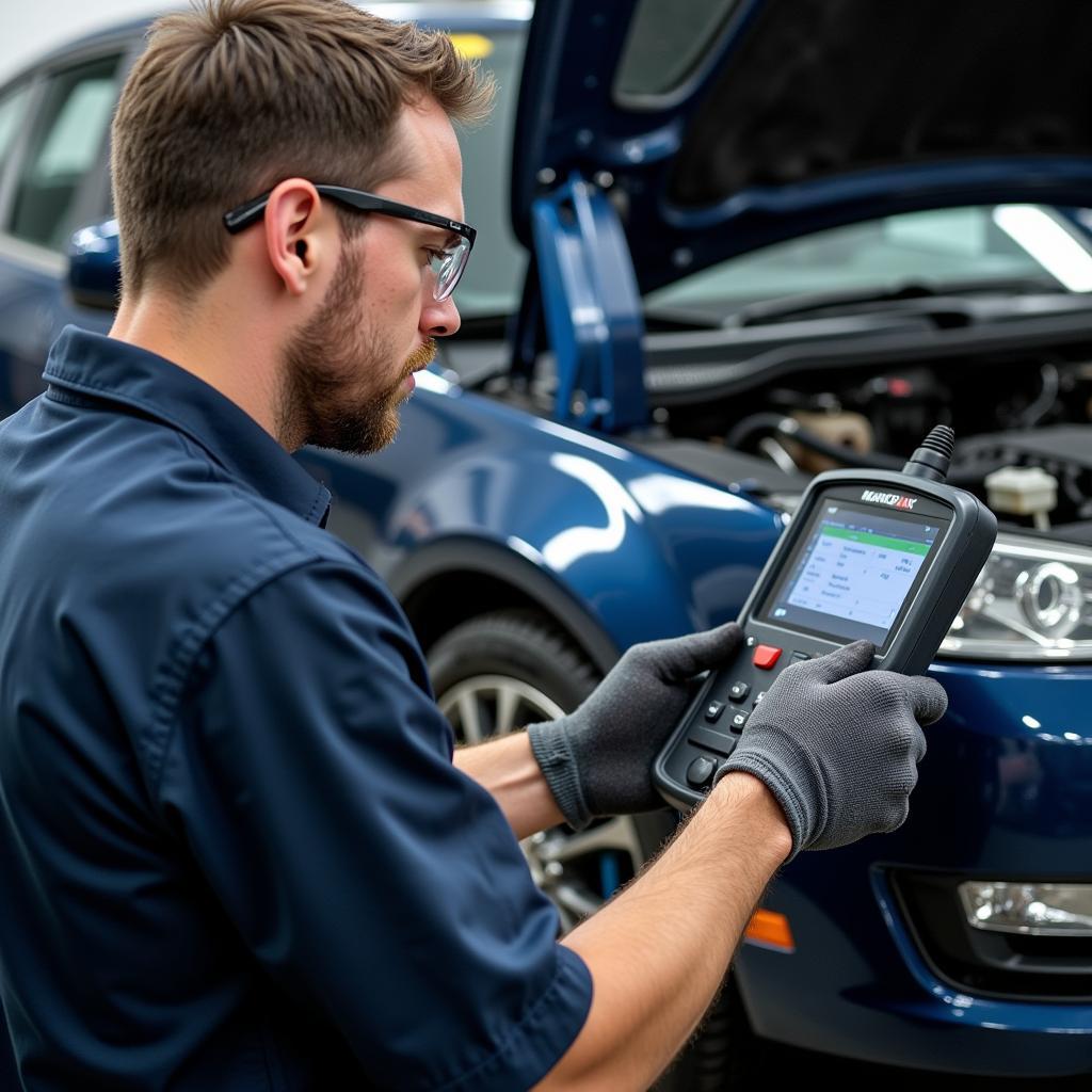 Auto Service Technician Performing Diagnostics