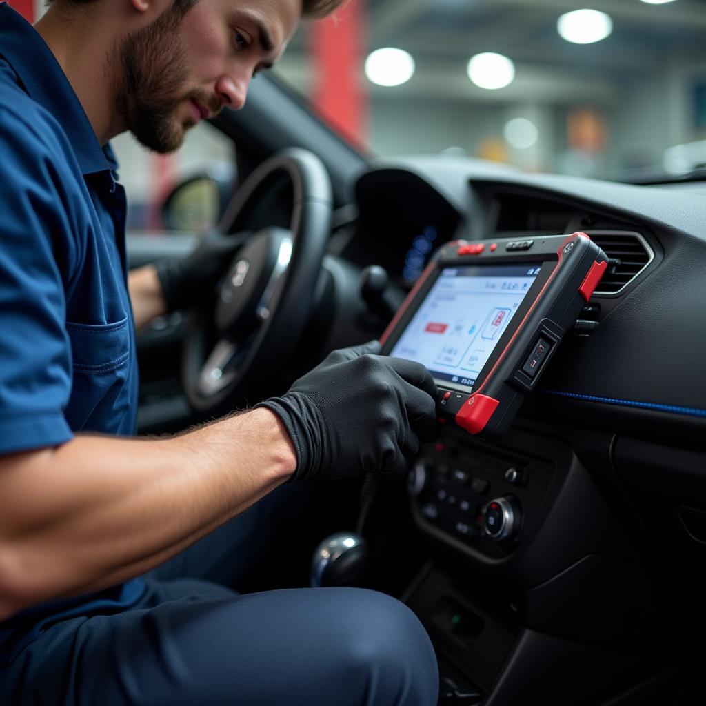 Technician Using Diagnostic Tool in Auto Service