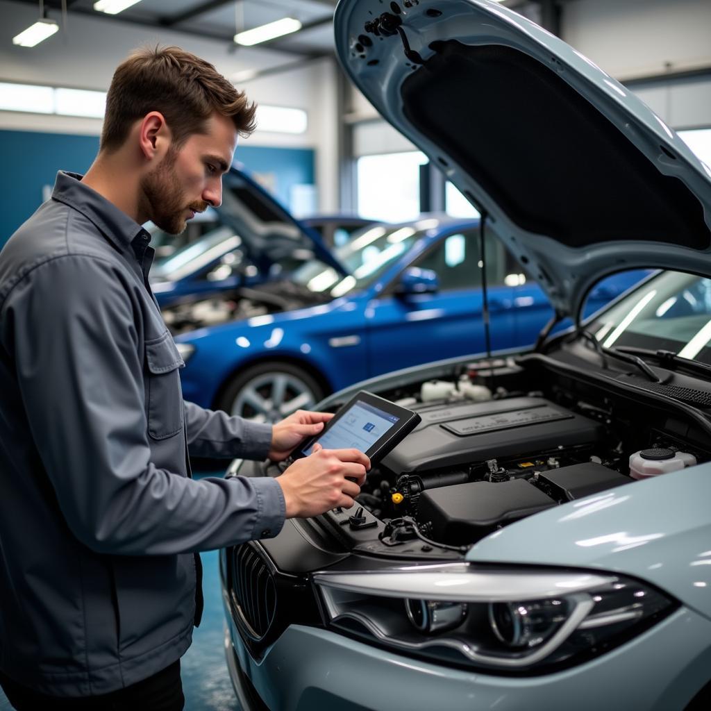 Auto Service Technician Using a Diagnostic Tool