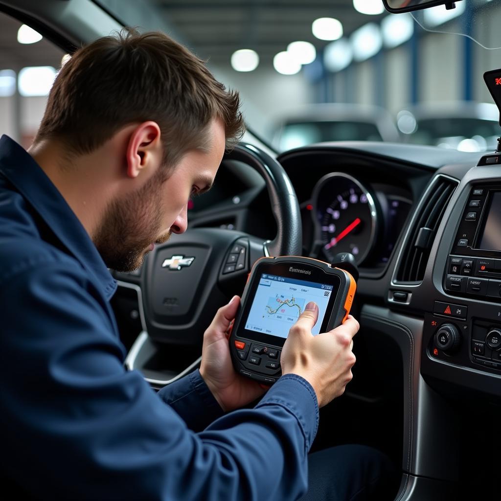 Auto Service Technician Using Diagnostic Tool