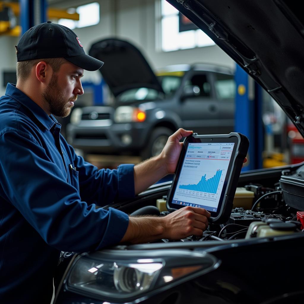 Auto Service Technician Using Diagnostic Tools in Dallas