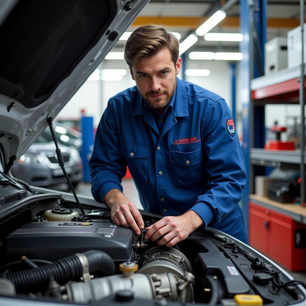 Experienced auto service technician working on a car engine in a modern repair shop.