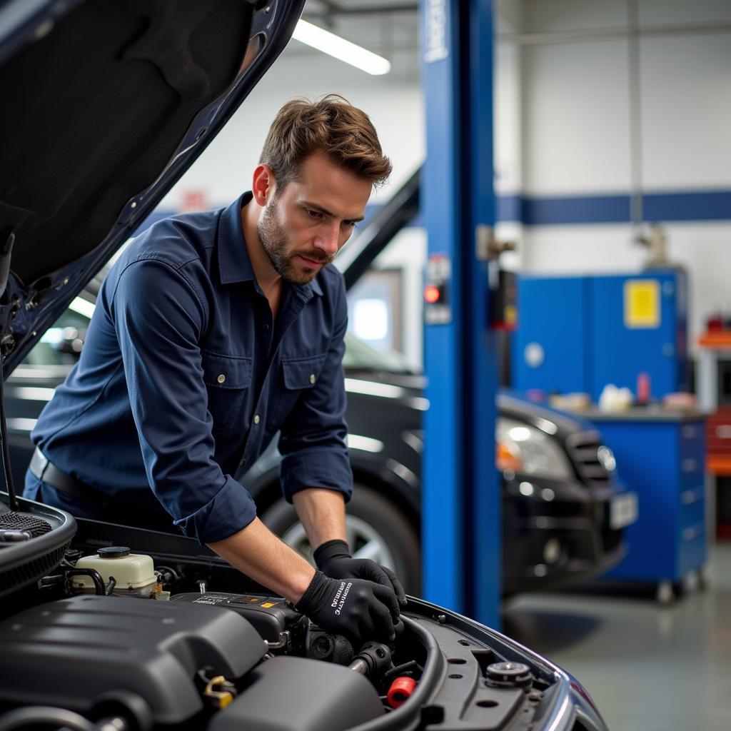 Auto service technician working on a car engine