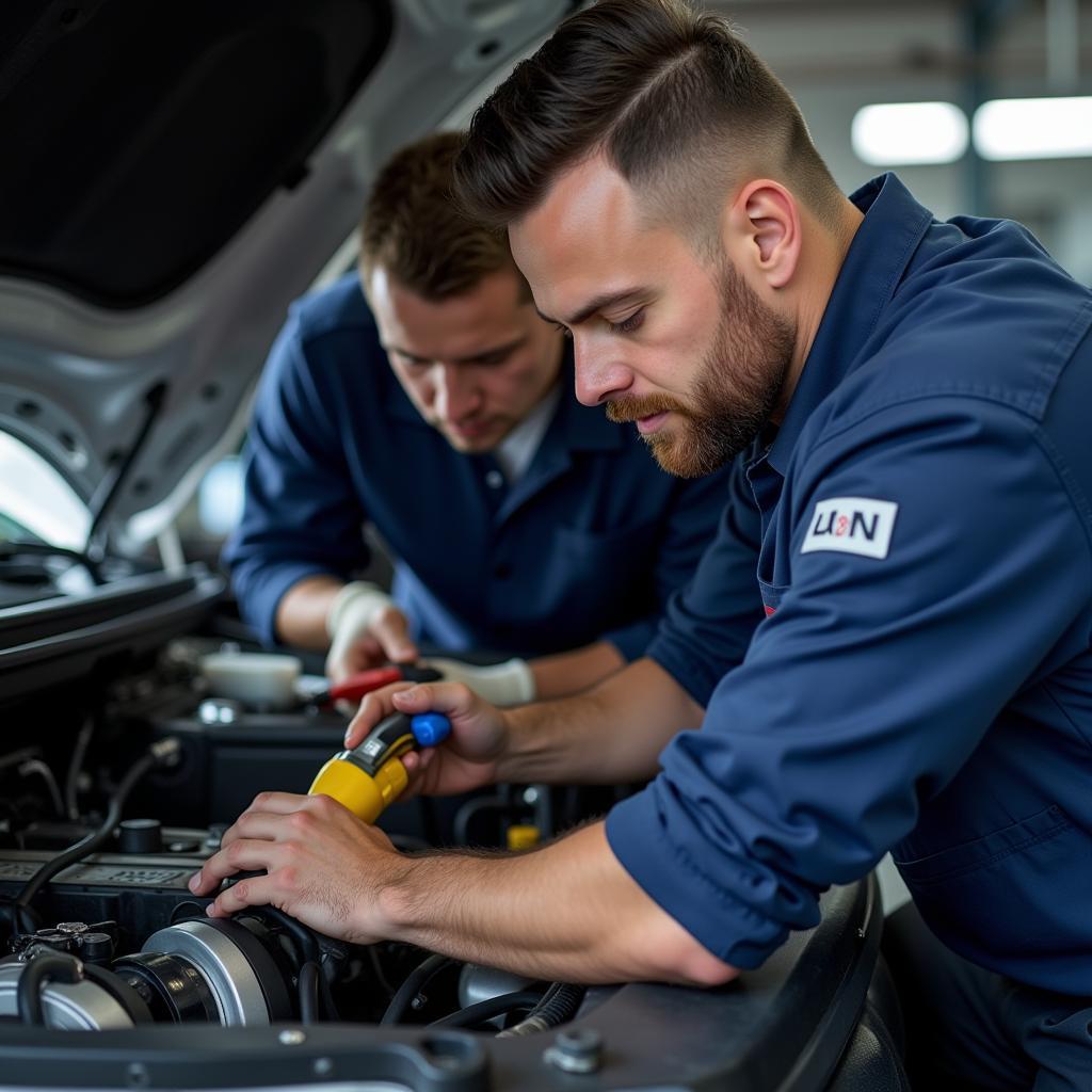 Auto service technician working on a car engine