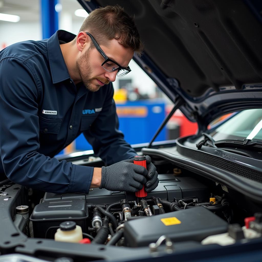 Experienced Auto Service Technician Diagnosing Car Engine Problem