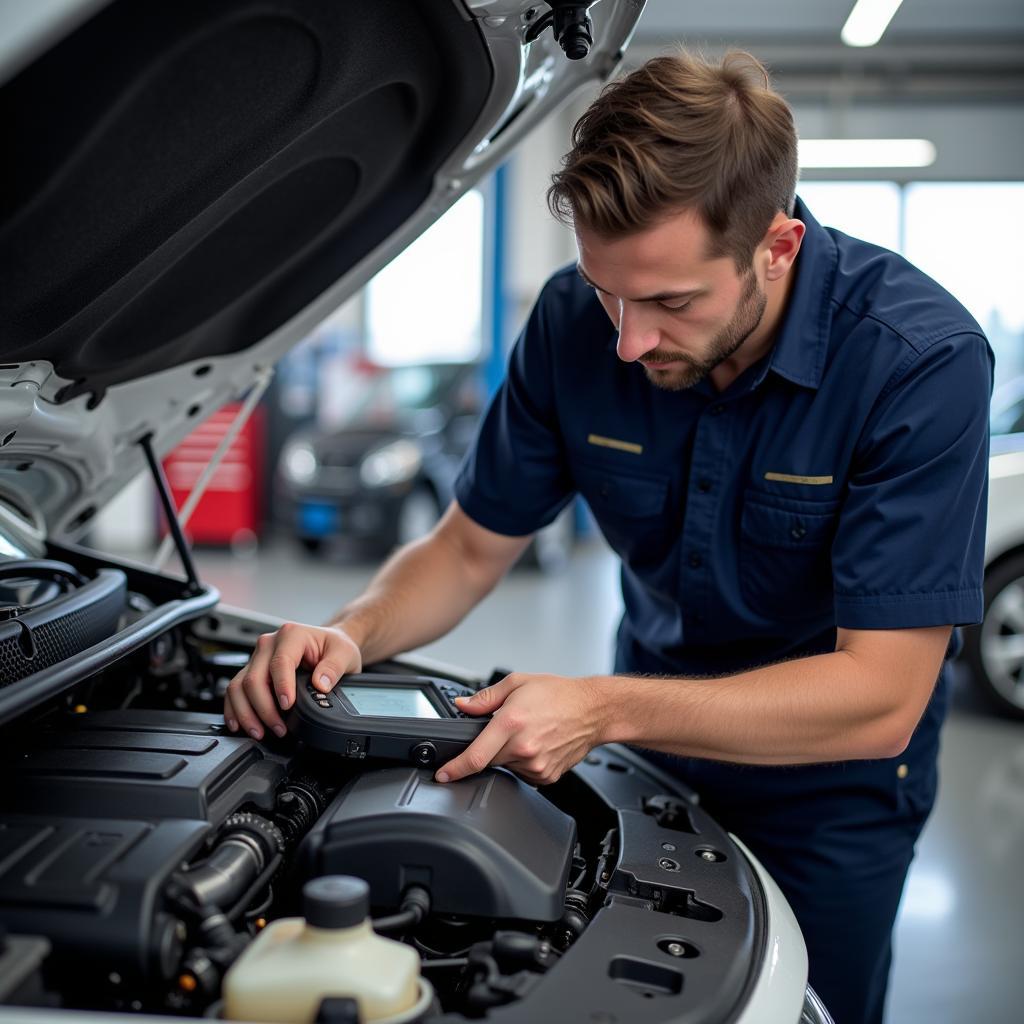 Certified Auto Service Technician Performing Engine Diagnostics